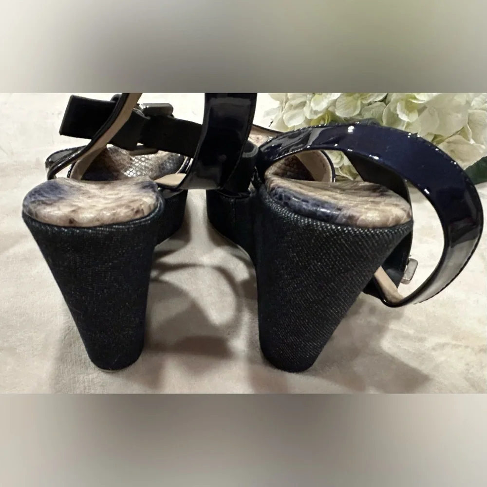 AGL Attilio Giusti Leombruni Blue Patent Leather, Denim Wedge Sandal, Size 38.5